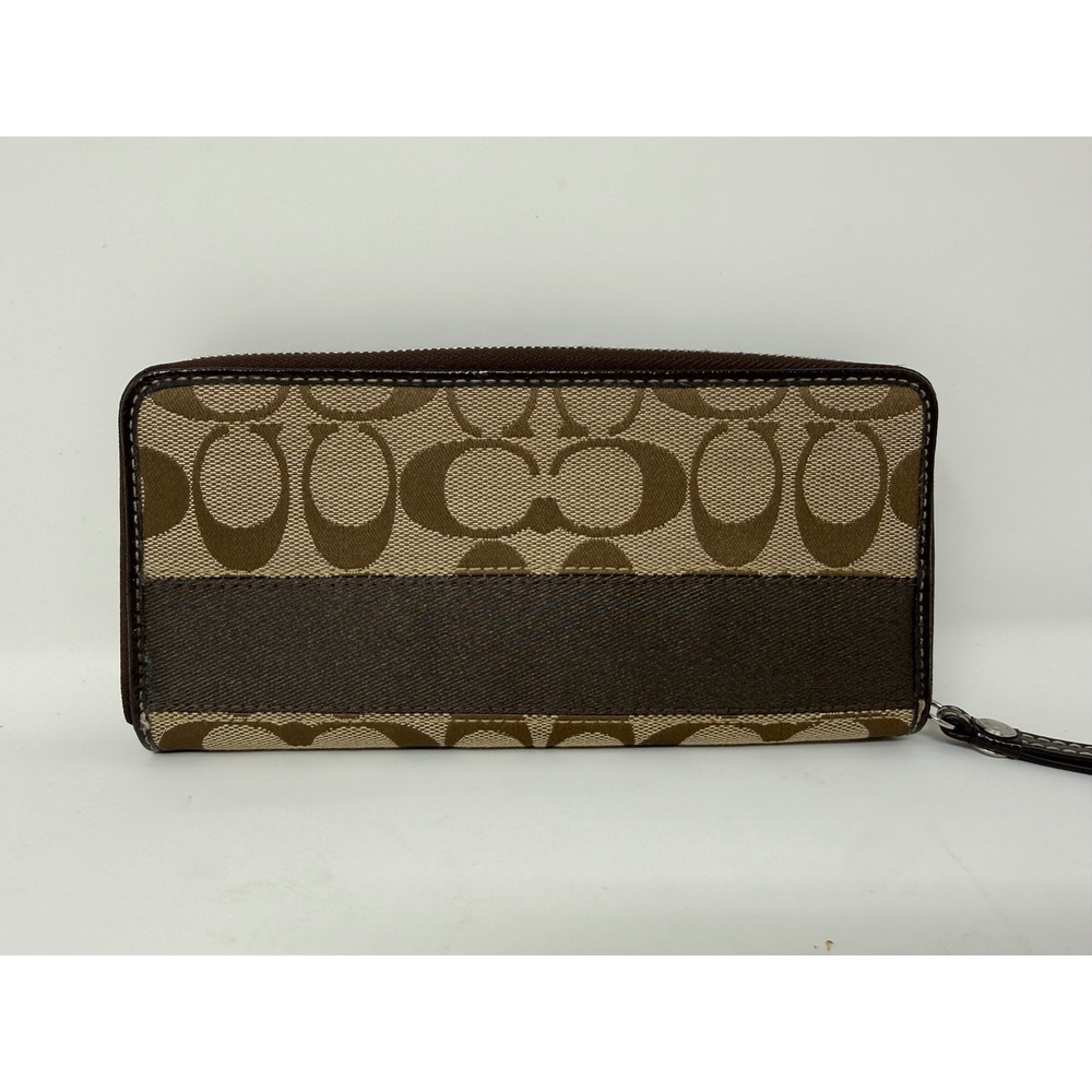 Coach Signature C Brown Tan Monogram Striped Accordion Zip Long Wallet - Picture 3 of 16